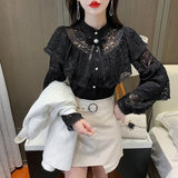 Fashion Lace Bottoming Women's Shirt Autumn Hollow Flower Ruffle Blouse Bow Beading Long Sleeve 6 Colors Blusas