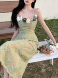 Flower Sexy Dress Elegant Party Midi Dresses Female Holiday Designer Chic Korean Fashion Casual Strap Dress Summer