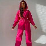 Women Basic Hoodie Jumpsuit Zipper Drawstring Overall High Waist Elasticity Streetwear Tracksuit Rompers Casual One Piece