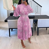 Fashion Pearl Belt Print Folded Lantern Sleeve Sleeve Scash Semi-High Collar