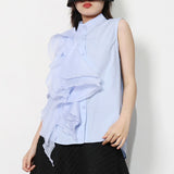 Solid Shirt For Women Stand Collar Sleeveless Ruffle Trim Button Through Blouse Female Fashion Clothing Style