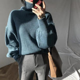 Chic Sweater Women Lazy Oversized Winter Vertical Bar Jumper Knit Thicken Solid Color Pullover Tops Warm Casual