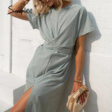 Party Cotton knotted straight women dress Casual O neck chic split dress Elegant green loose short sleeve ladies midi