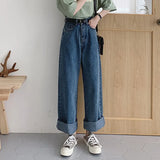 Casual High Waist Loose Women Denim Jeans Streetwear Vintage Long Wide Leg Jeans Pants Female Trousers Capris