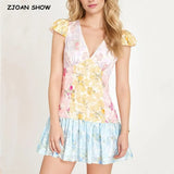 Retro French style Contrast Color Flower Print V neck Mini Dress Sexy Short Flying Sleeve Ruffles Hem Slim Waist Robe-Outfit