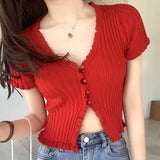 Graduation party French Retro Young Style Cardigans Ruched T Shirt Split Crop Top Women Knit Rib Summer Streetwear Fitness
