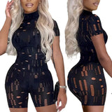 Women's Summer Short Clubwear Jumpsuit Solid Color Short Sleeve Sexy See Through Turtleneck Hollow Bodysuit-Outfit