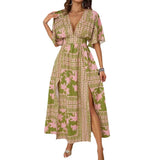 Summer New Sexy V-Neck Short-Sleeved Print Waist Dress Women's