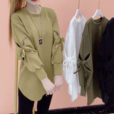 Solid Color Cut Out Sweatshirts Female Clothing Korean Loose Spring Autumn Long Sleeve Casual Bow Round Neck
