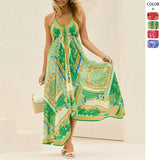 New Spring Summer Shoulder V-Neck Women's Slings Print Fairy Long Temperament Dress Dress Dress