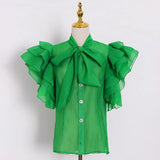 Patchwork Ruffle Shirt For Women Bow Collar Short Sleeve Solid Chic Blouse Femlae Fashion New Clothing