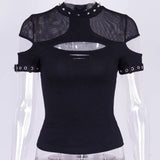Knitted Gothic Vintage Hollowed-Out Short-Sleeved T-Shirt Spring Ins Dark Style Slim Blouse-Outfit