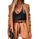 Sleeveless Solid Button Up Elastic Waist Blazer Tops And Pocket Shorts Set Elegant Office Ladies Suits Women Workwear