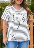 White Casual O-Neck Short Sleeves Striped Print Regular Plus Size