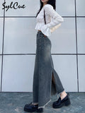 Retro Classic All-Match Vitality Casual Commuter Outing Tight Sexy White Irregular Women'S Long Denim Skirt Girl Cool-Outfit