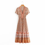 Floral print summer beach Bohemian dress for women Ladies V-neck short sleeve dress female Robe Boho hippie dress