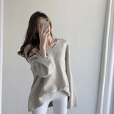 V Neck Cashmere Sweater Women 2021 Autumn New Elegant Knitted Casual Pullovers Loose Soft Female Jumper Lazy