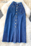 Long Denim Skirt for Women Korean Fashion Vintage Tassels High Waist Single Breasted A-line Jeans Skirt with