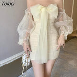 Puff Sleeve Dress Women Slash Neck Tunic Mini Vestidos Solid Party Slim New Arrival Chic Elegant French Ladies Hot