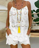 Toloer Sleeveless Drawstring Flounce Cut Out Vest Embroidered Shorts With Cotton