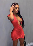 Sexy V-neck Short Sleeves Solid Knitted Mini Sheath Club