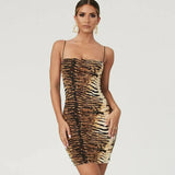 Women Sexy Bodycon Spaghetti Strap Sleeveless Beach Dress Leopard/ Tiger Pattern Print Short Mini Dress-Outfit