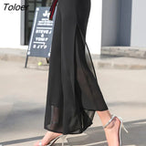 Women's Summer Wide Leg Long Trousers Casual Vintage High Waist Chiffon Side Split Loose Bohemia Skirt Pants Capris