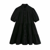 New Lapel Button Solid Color Wide Pendulum Cotton Dress 2648202-Outfit