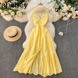 Summer Beach Hollow Out Long Dress Sexy Women V-Neck High Waist Single Breasted A-Line Big Swing Vestidos 2022 New
