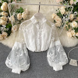 Retro Mesh Lace Blouse Women's Collar Three-Dimensional Embroidered Bubble Sleeve Court Style Slim Shirt