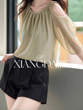 Summer New Ladylike Blouse Shoulder-Digging Design High-End Green Seven-Sleeve New Chinese Shirt Woman-Outfit