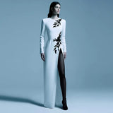 Star Temperament Dress Embroidered Nails Flowers Long Sleeve Open Fork Long