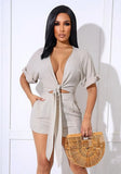 Sexy V-neck Short Sleeves Crop Top Belted Two Piece Shorts