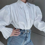 Blouse Women Uveniles Shirt Long Sleeve Women Youth Women's Blouses Double Layered Flounce Design White Office Lady Tops-Outfit
