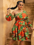 Size Botanical Print One-Shoulder Layered Dress with