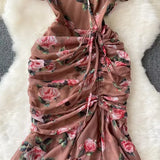 Retro Niche Design Drawstring Print V-Neck Dress Summer Women's Pocketed Fishtail Skirt