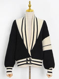 Patchwork Coat For Women V Neck Lantern Long Sleeve Striped Hit Color Knitting Cardigan Female 2023 Autumn New