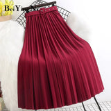 High Waist Skirts Womens Belt Fashion Metallic Party Midi Pleated Long Skirt Black Pink Casual Korean Falda Mujer