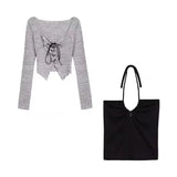 Womens 2Pcs Y2K Long Sleeve Front Cross Tie-Up O-Neck T-Shirts Set with Solid Color Halter Sleeveless Tank Camis Tops-Outfit