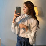 Korean Fashion Smooth Blouse Women Spring Slim Office Lady Elegant Tops Lantern Sleeve Solid Stand Collar Shirt Blusas