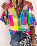Loose Zipper Print Shirt Blouse Women Spring Summer Fashion V-neck Lantern Sleeve Shirts For Women Sexy Off Shoulder Top-Outfit