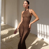 Summer New Knitted Neck Sleeveless Long Dress Solid Color Tight Sexy Bare Back Dress