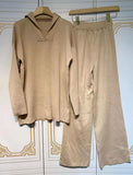 Free Shipping Casual Autumn Loose Knit Sweater Set Fashion Zip Lapel Long Sleeve Pullover Sweater & Straight Pants Two-Piece