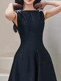 Elegant Black Dress For Women Square Collar Sleeveless High Waist Solid Patchwork Bowknot Midi Dresses Female