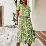 Women Dresses Summer Casual Boho Dot Print Shirt Dress Holiday Beach Short Sleeved Female High Waist Midi