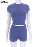 Summer Sexy Casual Two Piece Sets For Women 2023 Solid Short Sleeve Bodycon Crop Top And Shorts Sets Sweatsuits Sets 703-1-Outfit