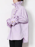 Ruffle Trim Chic Blouse For Women Turtleneck Bell Sleeve Casual Patchwork Button Shirt Female Fashion New
