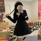 Black Lolita Mini Dress Women Casual Fur Party Kawaii Clothing Female Korean Fashion Bow Sweet One Piece Dress