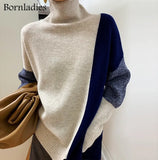 2022 Autumn Winter Loose Color Contrast Pullover Basic Warm Sweater for Women Soft Kniited O Neck Sweater Women