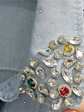 Women's denim Shirt Full Diamonds Loose Lapel Rhinestone Single Breasted Long Sleeve Blouse 2024 Summer New Fashion 29L2622-Outfit